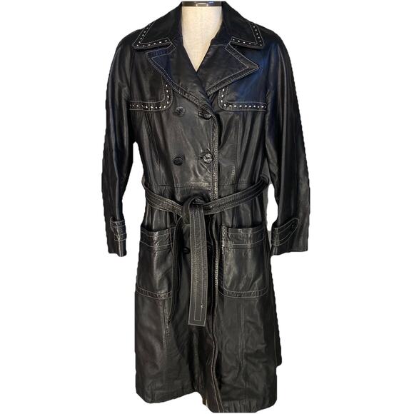 🖤 Montgomery Ward The Tannery Black Leather Trench Coat S - Picture 1 of 16